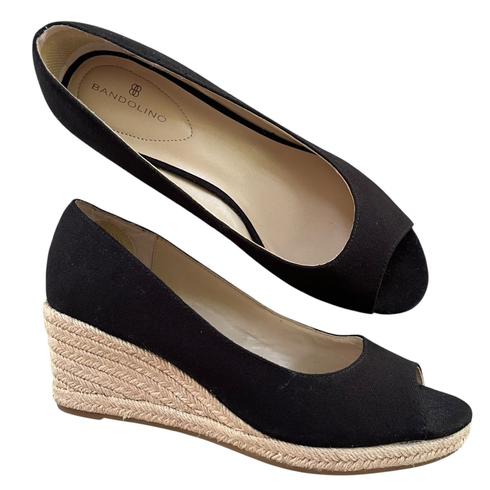 Bandolino Womens 8.5 Black Tan Canvas Open Peep Toe Nuri 7 Espadrille Wedge Pump